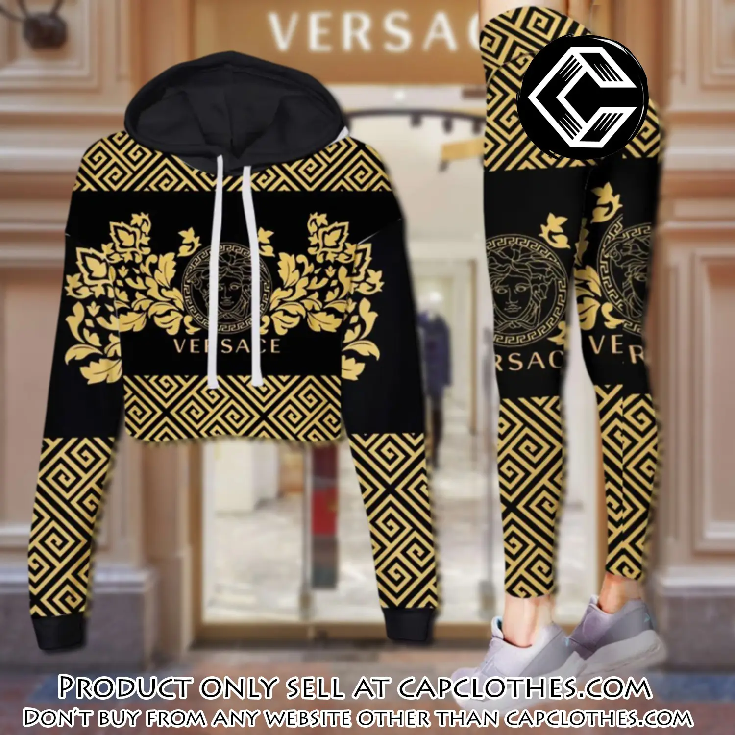 Versace medusa yellow pattern luxury brand clothes leggings and crop top set for women cc5220631